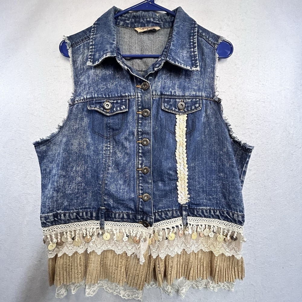 Women's Denim Western Vest With Embellishments Lace Fringe & Applique 1X